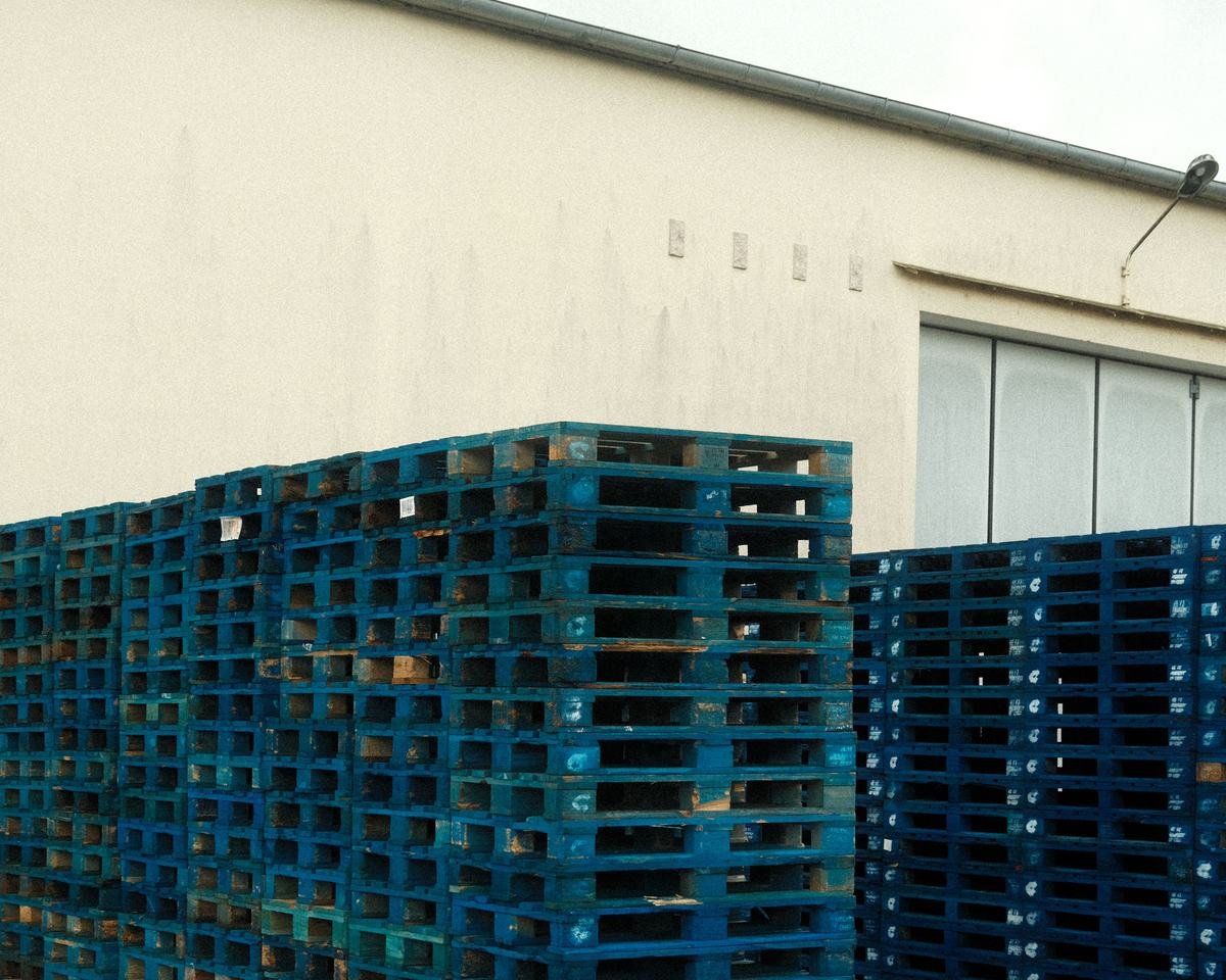 Pilhas de paletes azuis organizadas no pátio de um galpão de empresa